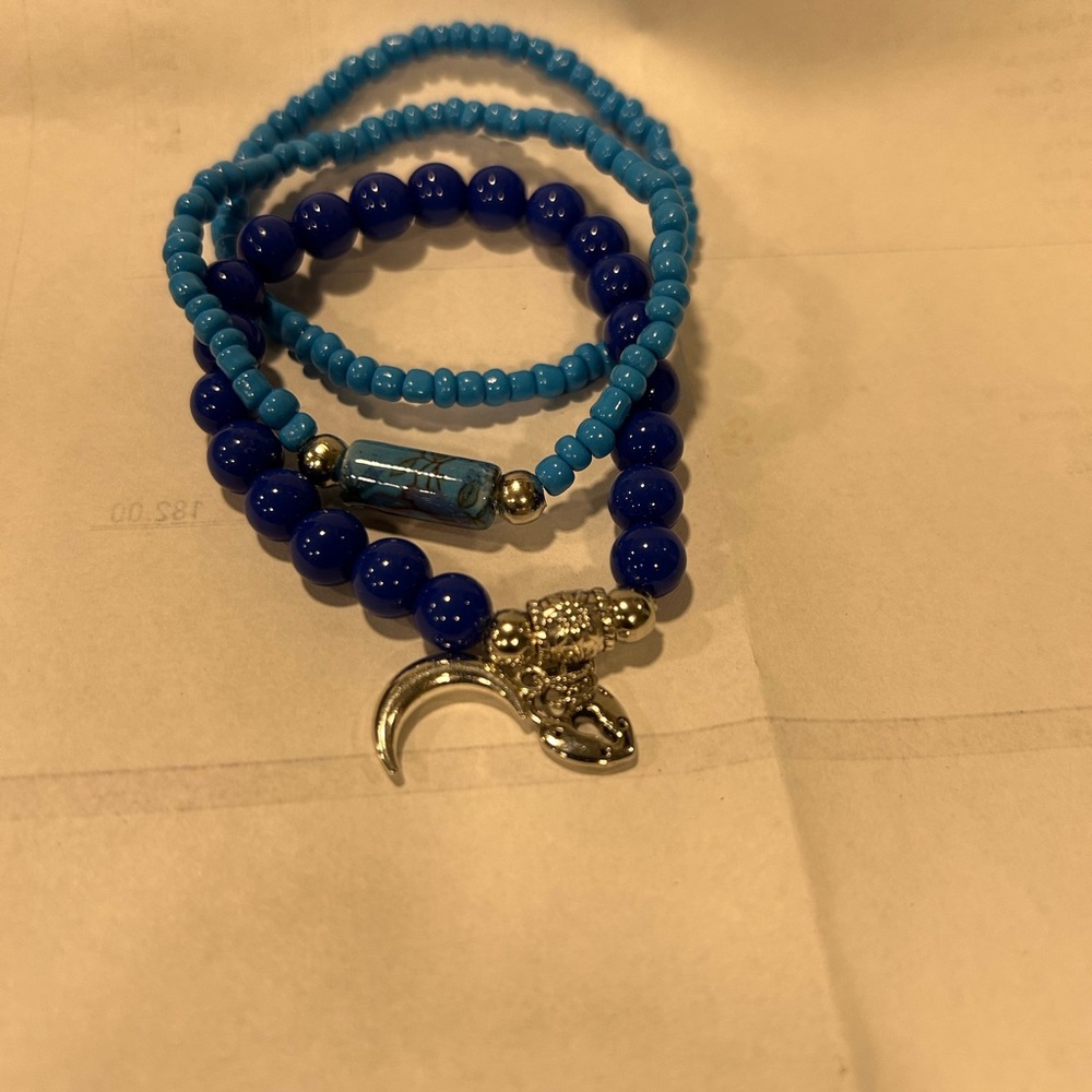 Blue Beaded Bracelet Set with Silver Charm